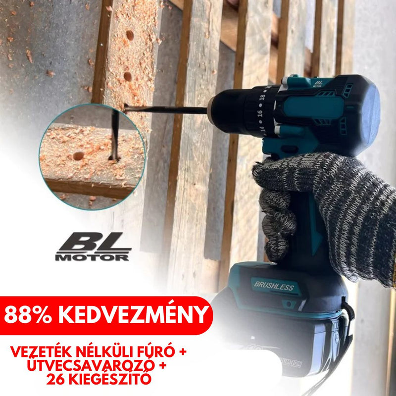 EREDETI KÉSZLET: VEZETÉK NÉLKÜLI FÚRÓ + ÜTVECSAVAROZÓ + 26 KIEGÉSZÍTŐ + 2 AKKUMULÁTOR (Cópia)